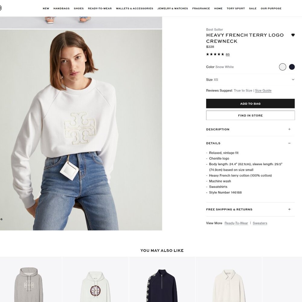 Tory Burch HEAVY FRENCH TERRY LOGO CREWNECK Sweater Sweatshirt White XS - Picture 5 of 16